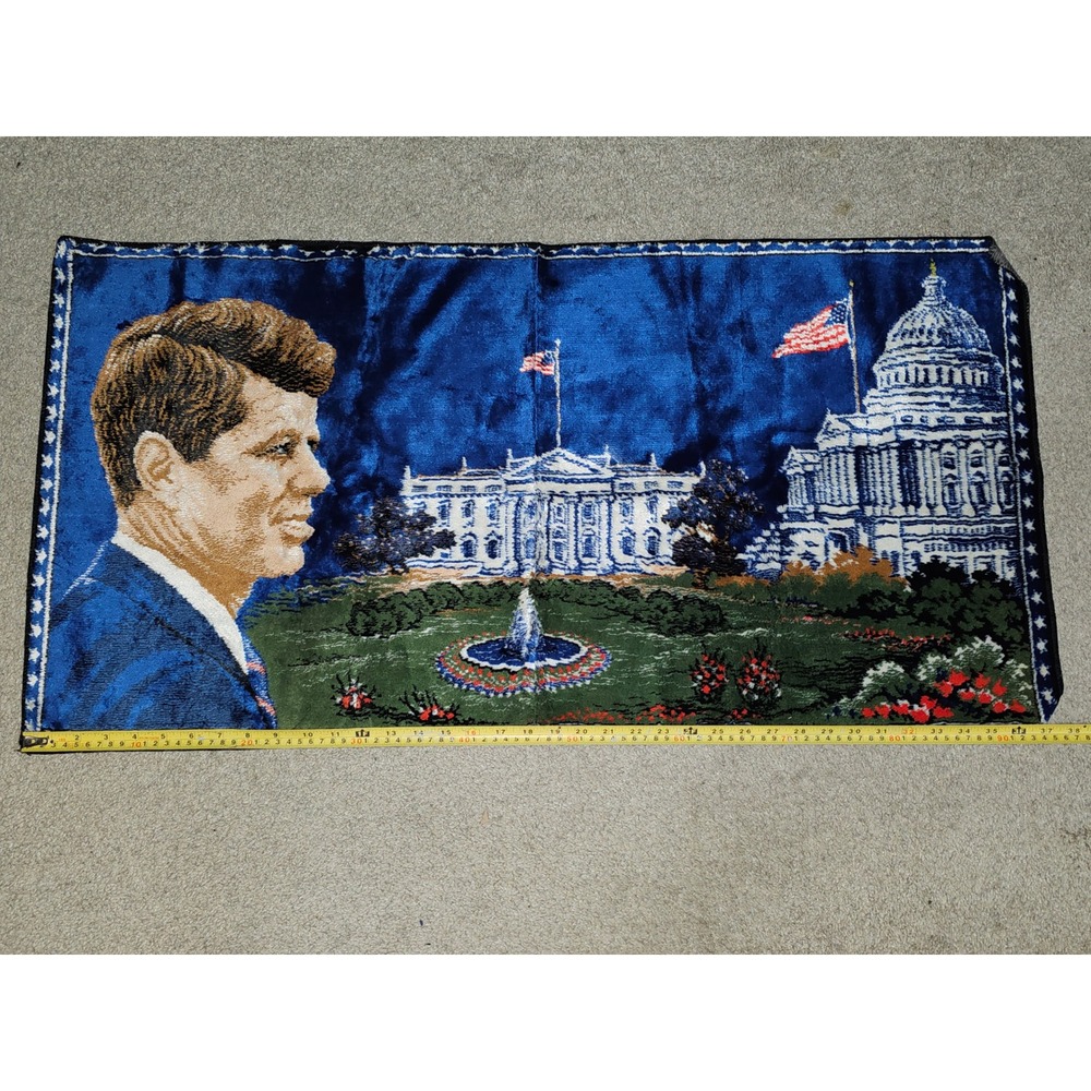 Vintage JFK John F Kennedy Memorial Wall Tapestry White House Capitol 38x19.5
